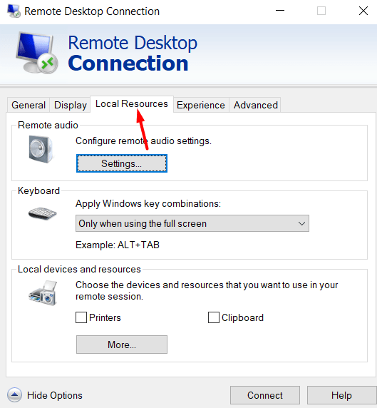 remote desktop connection local resources